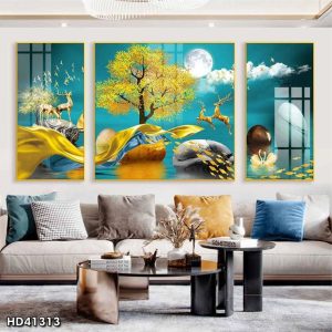 Tranh Phòng khách HD41313 tráng gương bộ 3 tấm cá vàng hươu thiên nga Daklak