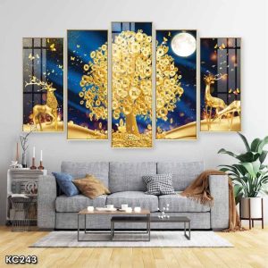 Tranh Phòng khách KC243 Bộ 5 tấm tráng gương cây tiền huơu vàng Daklak pleiku